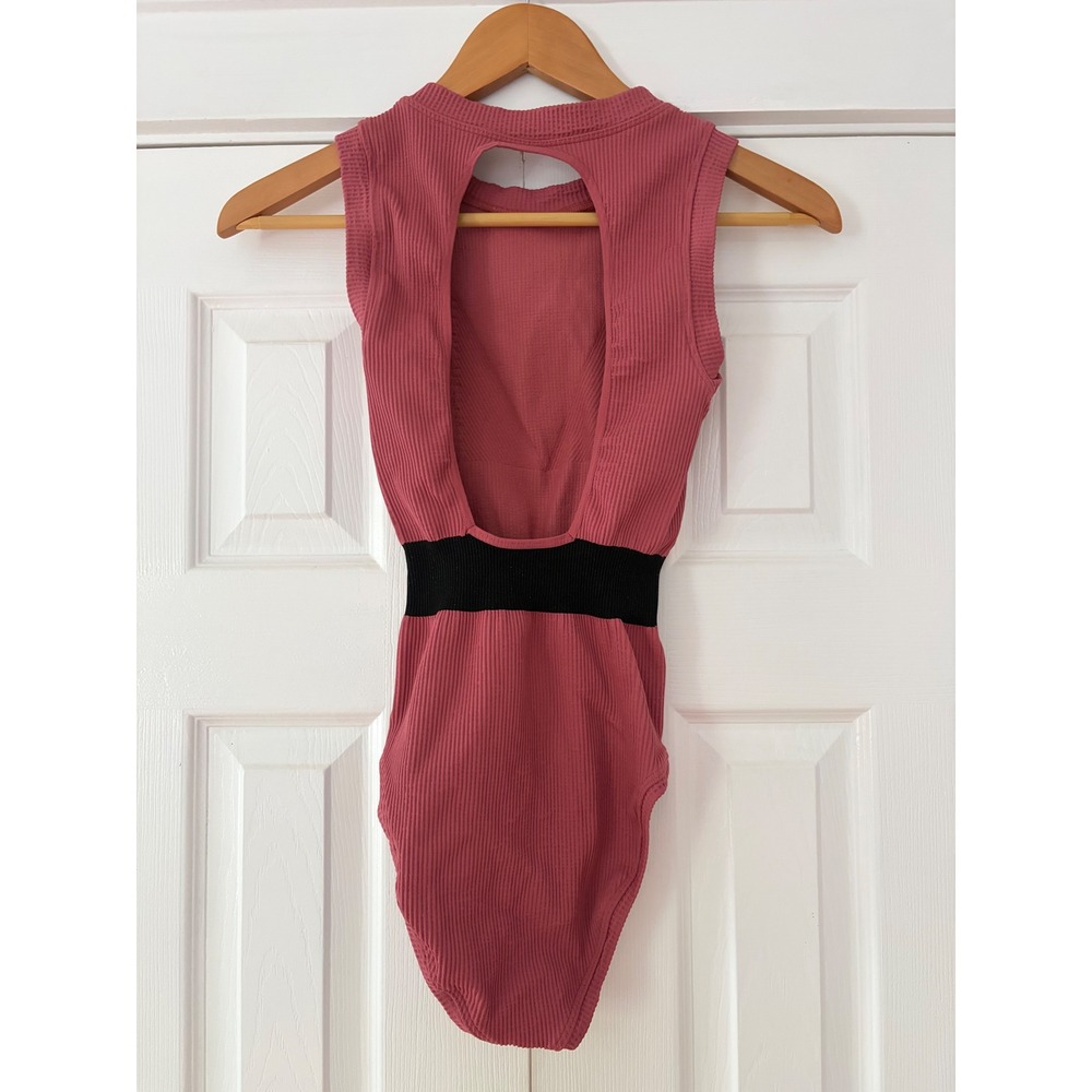 FP Movement Free People Ribbed Open Back Bodysuit‎ Pink Black XS S OB667944